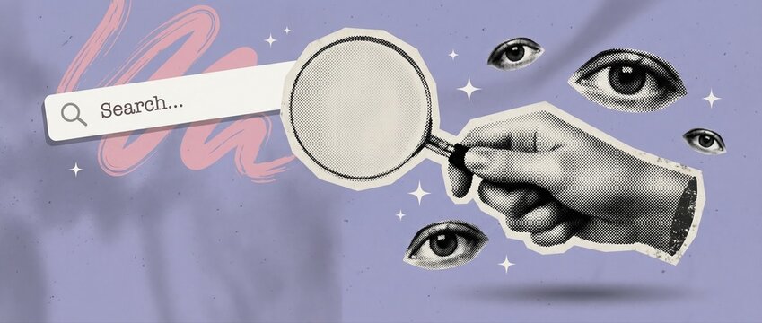 Creative collage of a hand holding a magnifying glass next to a search bar for SEO and digital marketing concepts.