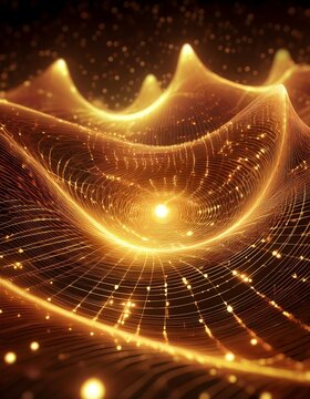 Dynamic futuristic background featuring glowing golden data waves flowing across a digital grid landscape with illuminated spherical nodes and interconnected network lines.