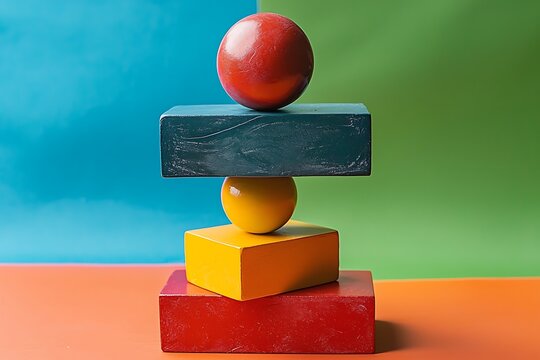 Geometric Harmony: A vibrant and balanced composition of colorful wooden shapes stacked artistically, creating a sense of equilibrium and visual delight.
