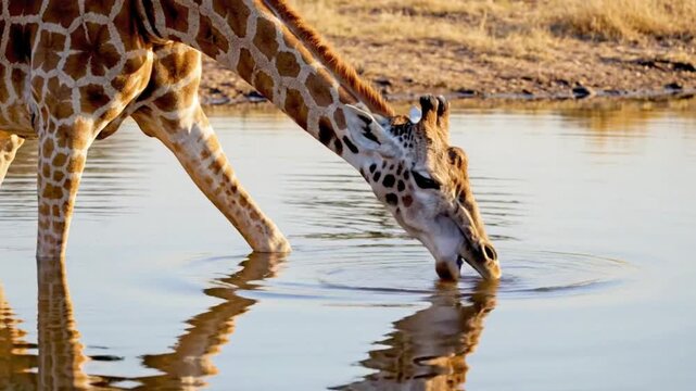 Majestic giraffe drinks from a tranquil watering hole in the African savanna