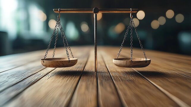 Symbol of Balance: An antique scale, poised on a wooden surface, embodies concepts of justice, fairness, and equilibrium. Its presence suggests careful consideration and impartiality.