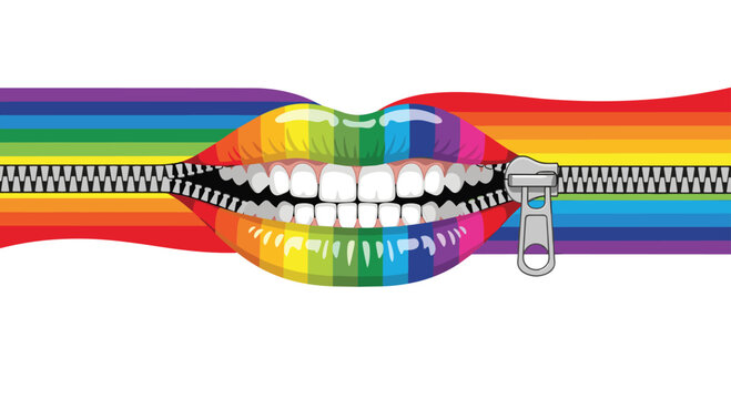 A pair of vibrant rainbow-colored lips with white teeth are depicted, with a silver zipper pulling them open.