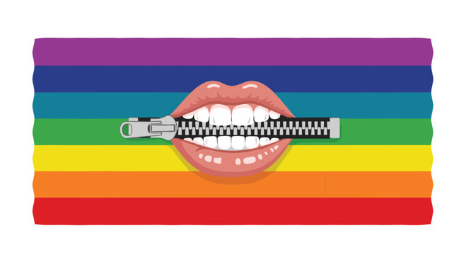 A horizontal rainbow-striped banner features light-skinned lips with white teeth, partially zipped shut by a black and silver zipper.