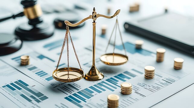 Symbol of Justice and Balance: An elegant golden scale, surrounded by stacks of gold coins, a gavel, and financial charts, representing the core principles of the legal system and financial stability.