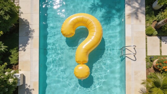 Large yellow question mark inflatable floating in a clear blue swimming pool surrounded by pool deck and greenery.