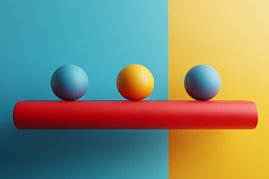 Geometric Harmony: An abstract composition, featuring three spheres delicately balanced on a vibrant red cylinder against a background of contrasting hues.