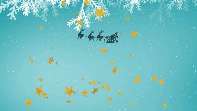 Animation of falling snow sledge and snowflakes falling snow santa claus in red snowflakes