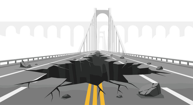 A wide, cracked chasm with scattered rocks splits a two-lane asphalt bridge road, with a suspension bridge in the distant background.