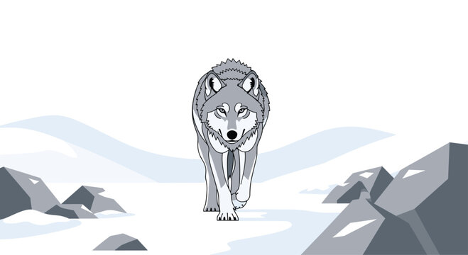 A pixelated gray wolf walks directly towards the viewer on a snowy landscape, surrounded by angular gray rocks and distant white mountains.