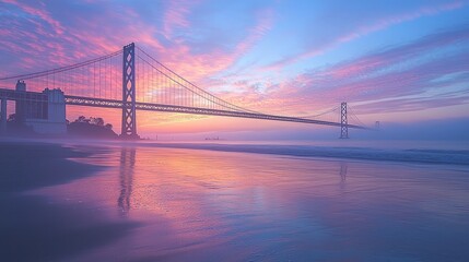 Obraz premium Serene Sunrise Over Bay Bridge with Misty Ocean and Vibrant Pink Sky Reflection
