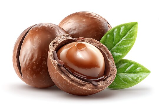 Macadamia nuts with green leaves isolated.