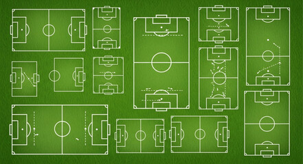 Collection of Soccer Field Layouts and Dimensions on Green Background. © Efan