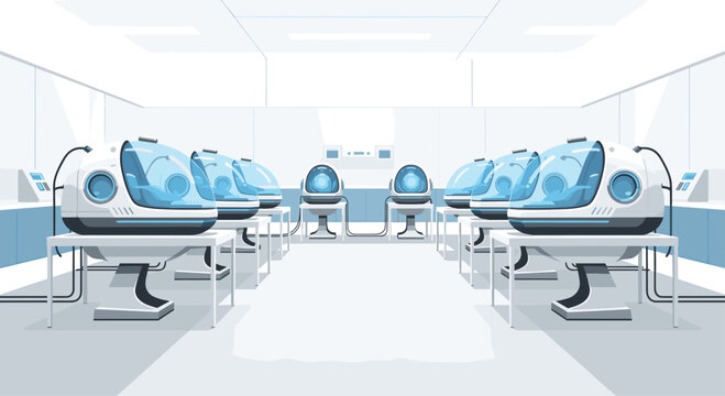 A sterile, futuristic room contains ten light blue and white cryo-pods arranged in symmetrical rows, emitting a soft blue glow within a light grey and white environment.