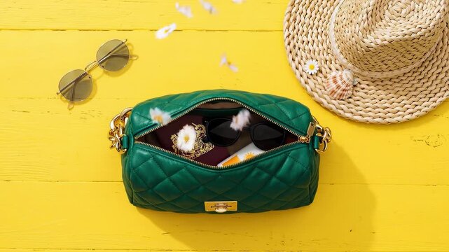 Emerald purses summer essentials flat lay on yellow wood background.