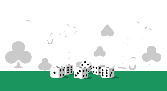 Seven white dice with black pips are scattered on a vibrant green surface, while faint grey card suit symbols float in the white background.