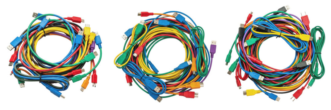 Bundles of colorful USB and charging cables isolated on white background