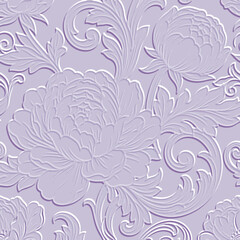 Fototapeta premium 3D embossed beautiful seamless pattern with blooming peonies and baroque scrolls. Elegant lilac textured floral background. Vector relief emboss ornament for premium wallpaper, fabric and interiors.