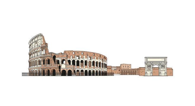 An illustrated depiction of the ancient Roman Colosseum and the Arch of Constantine stands side-by-side on a clean white background.