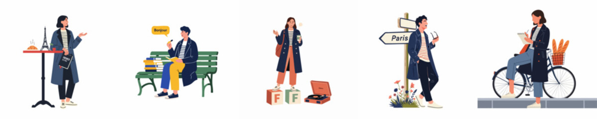 Flat vector illustration collection of people learning French, traveling to Paris, and experiencing French culture through various activities and iconic symbols. © Isabella