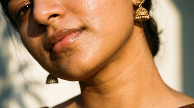 Dramatic close-up of a South Asian woman's lower face with warm olive skin, full lips, and ornate gold jhumka earrings under bold directional natural light.