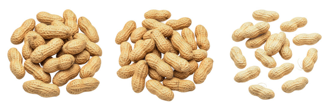 Three piles of raw peanuts in shells isolated on white background
