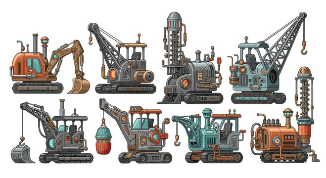 A collection of eight distinct, intricately detailed pixel-art construction vehicles, including excavators and cranes, are arranged in two rows.