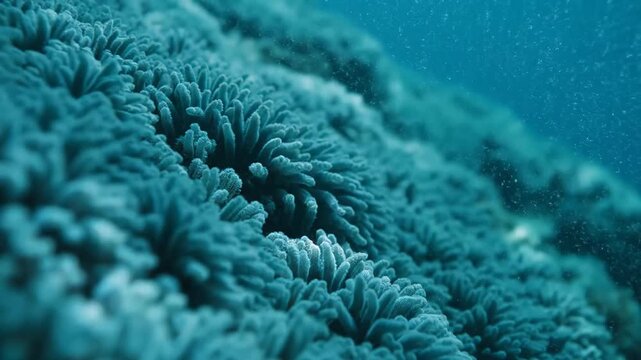 Closeup underwater view of a vibrant blue coral reef ecosystem.