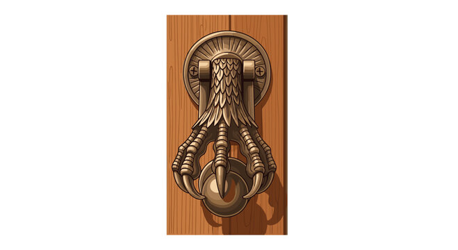 A single, textured golden-bronze eagle's claw door knocker with sharp talons is securely mounted vertically on a light brown wooden door panel.