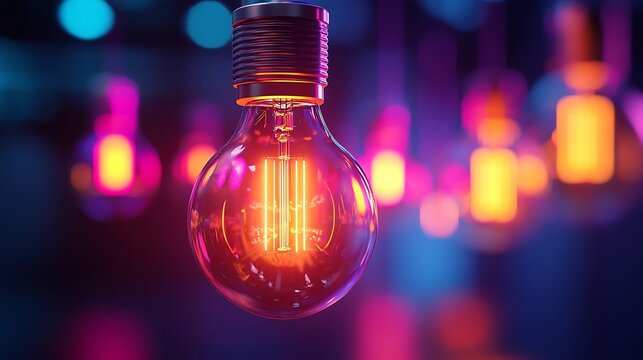 Glowing Innovation: An artistic close-up of a radiant lightbulb, its filament ablaze with warm light against a backdrop of blurred, colorful illuminations.