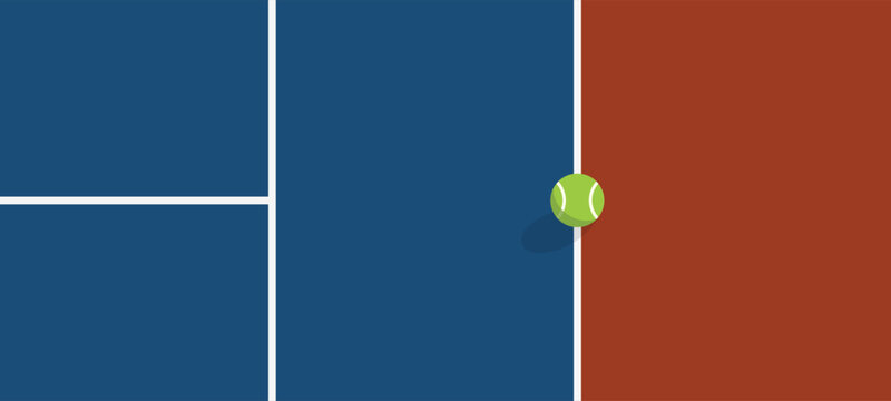 Top view tennis court detail showing blue hard court and red clay surface contrast with clean white line markings and a tennis ball