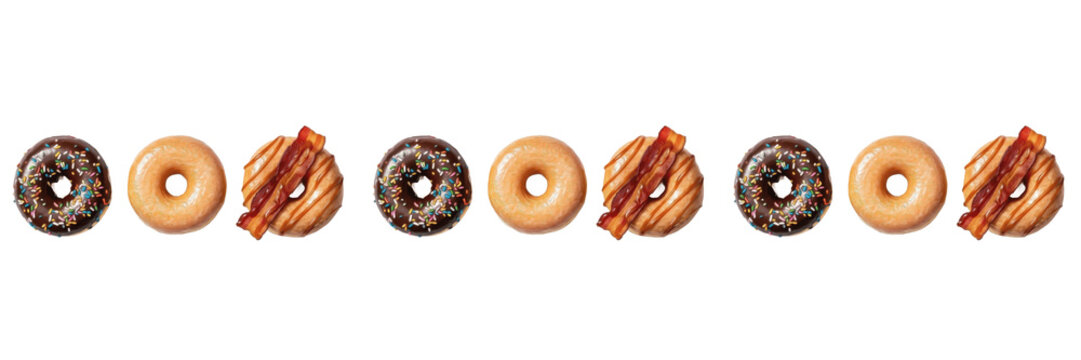 Assorted row of delicious glazed, chocolate-covered, and maple bacon donuts isolated on white