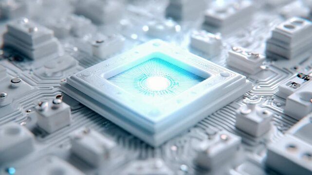 Digital Intelligence: An illuminated central processing unit, symbolizing the core of digital intelligence, embedded within a complex circuit board, radiating innovation and technological prowess.