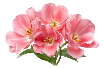 Obraz premium Pink flowers with green leaves bouquet.