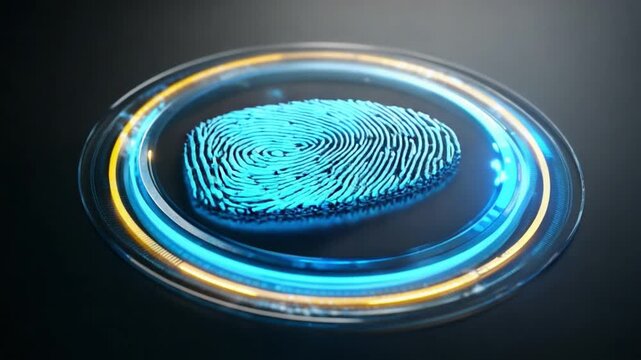 Cybernetic Fingerprint: A close-up view of a glowing, digitally rendered fingerprint, symbolizing the cutting edge of biometric security and personal identification in a sleek, futuristic interface.