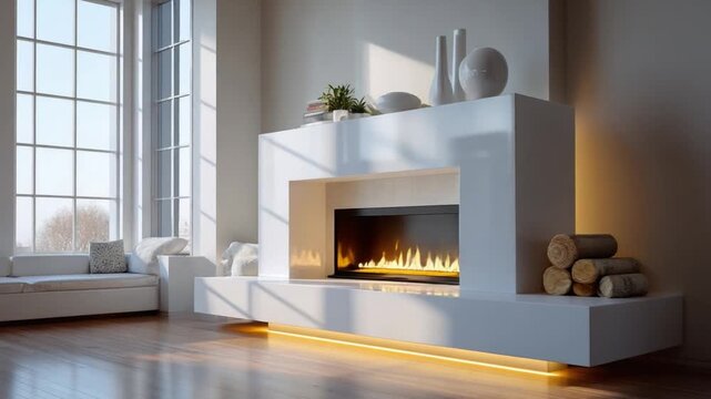Cozy Hearth and Home: A modern fireplace illuminates a living space with warmth, enhanced by natural light streaming through a nearby window. This inviting scene sets a welcoming mood.