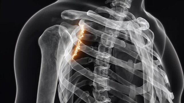 Shoulder Blade X-ray, vivid animated medical visualization of clavicle and scapula bones with glowing pain area in slow motion