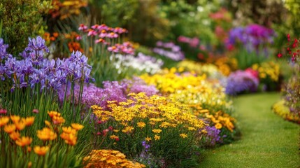 Obraz premium Vibrant Spring Garden Path with Purple Irises, Golden Yellow Blooms, and Lush Greenery
