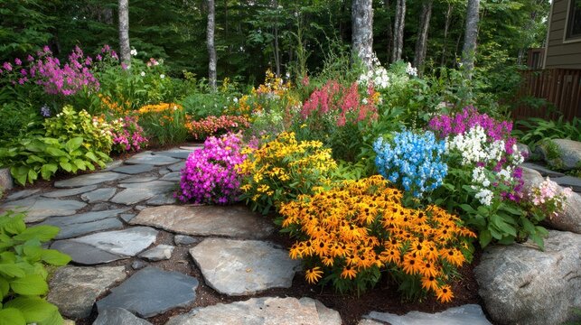 Lush Perennial Garden with Winding Flagstone Path, Bursting with Diverse Colorful Summer Blooms and Forest Backdrop