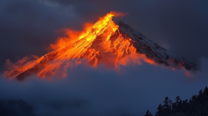 Fototapeta premium Majestic Mountain Peak Ablaze with Fiery Sunset Amidst Dramatic Clouds and Misty Valleys