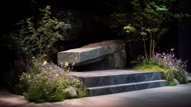 Dramatic Stone Stage with Lush Purple Wildflowers and Dramatic Lighting