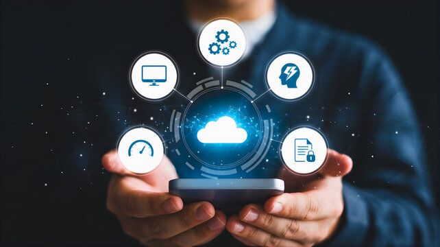 Digital cloud technology icons and mobile phone in hand, representing cloud computing, data management, and digital transformation