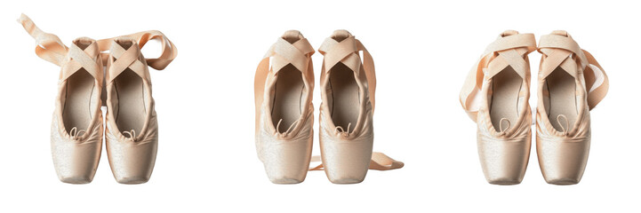 Pair of elegant satin ballet pointe shoes with ribbons isolated on white background © new