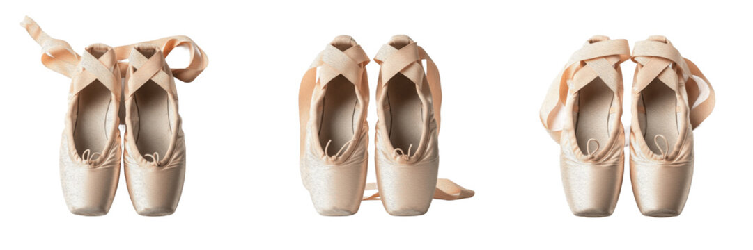 Pair of elegant satin ballet pointe shoes with ribbons isolated on white background