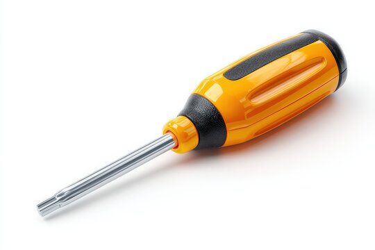Screwdriver isolated on white background. Hand tool with orange handle for repair, maintenance and construction work, perfect for DIY, home improvement and engineering concepts