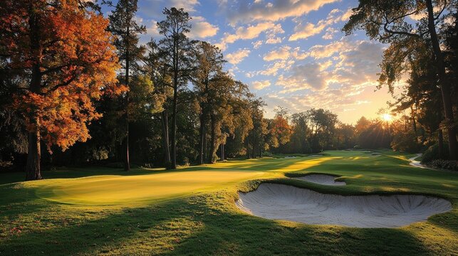 Golden Autumn Sunrise Over a Serene Golf Course with Vibrant Foliage and Dramatic Sky.