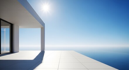 Fototapeta premium Modern minimalist terrace overlooking the calm blue ocean under bright sunny sky