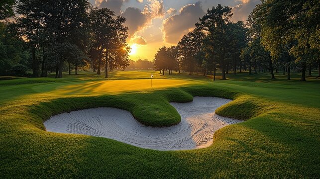 Golden Hour Sunburst Over Lush Golf Course Bunker and Green with Distant Flag