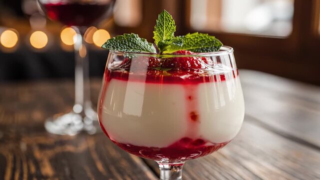 Sweet cream dessert with berries in transparent bowl demonstrates summer flavors. Fresh berries, and fruit syrup in berry dessert reveal fruity refreshment, focusing on berry-filled summer snack ideas
