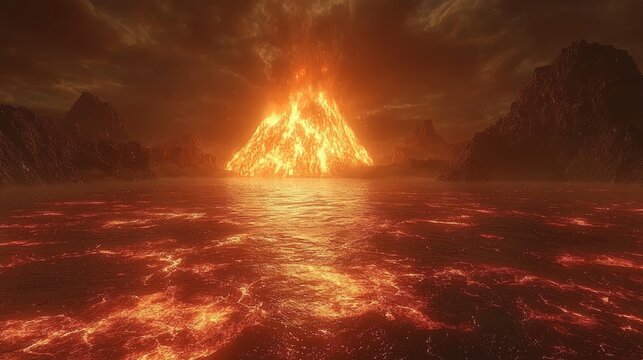 Fiery Volcano Erupting Over Molten Lava Landscape, Dramatic Orange Sky, Apocalyptic Scene.