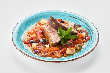 Fototapeta premium Braised beef ribs with vegetables Asian fusion dish
